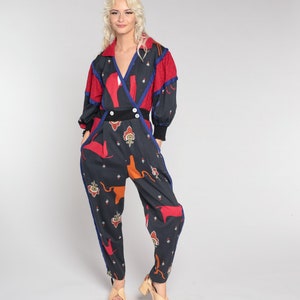 80s Jeanne Marc Jumpsuit Designer Animal Print Pantsuit Black Long Sleeve V Neck Wrap Tapered Leg Jumpsuit New Wave Vintage 1980s Small 4 6