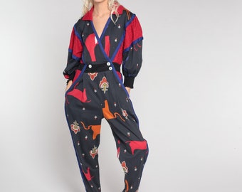 80s Jeanne Marc Jumpsuit Designer Animal Print Pantsuit Black Long Sleeve V Neck Wrap Tapered Leg Jumpsuit New Wave Vintage 1980s Small 4 6
