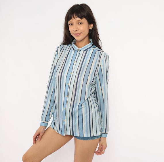 70s Striped Button Front Blouse Cobalt Navy Sky Blue Cream Peter Pan Collar Long Sleeve Dot Jacquard Shirt Vintage Top Women Medium M