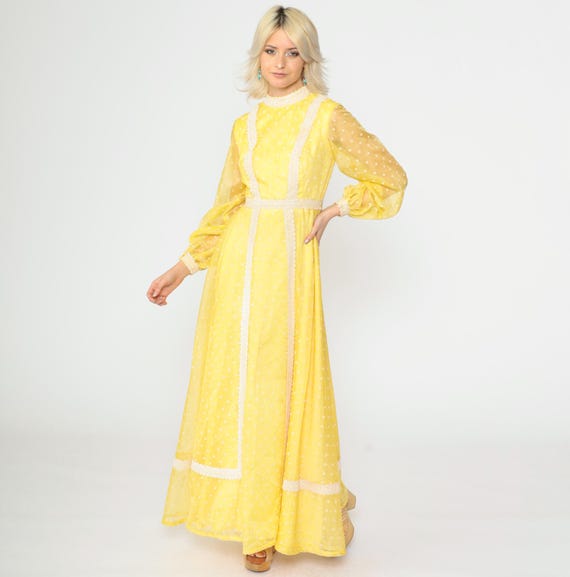 70s Organza Party Dress Sheer Balloon Sleeve Lace Trim Polka Dot Print High Waisted Prairie Dress Retro Vintage 1970s Extra Small xs