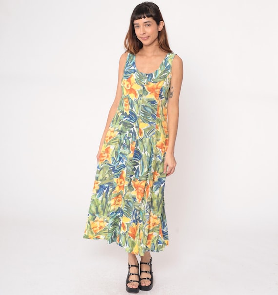 90s Tropical Dress Floral Button Front Sleeveless V Neck Hawaiian Print Blue Green Orange Yellow Summer Vacation Beach Lightweight Medium M