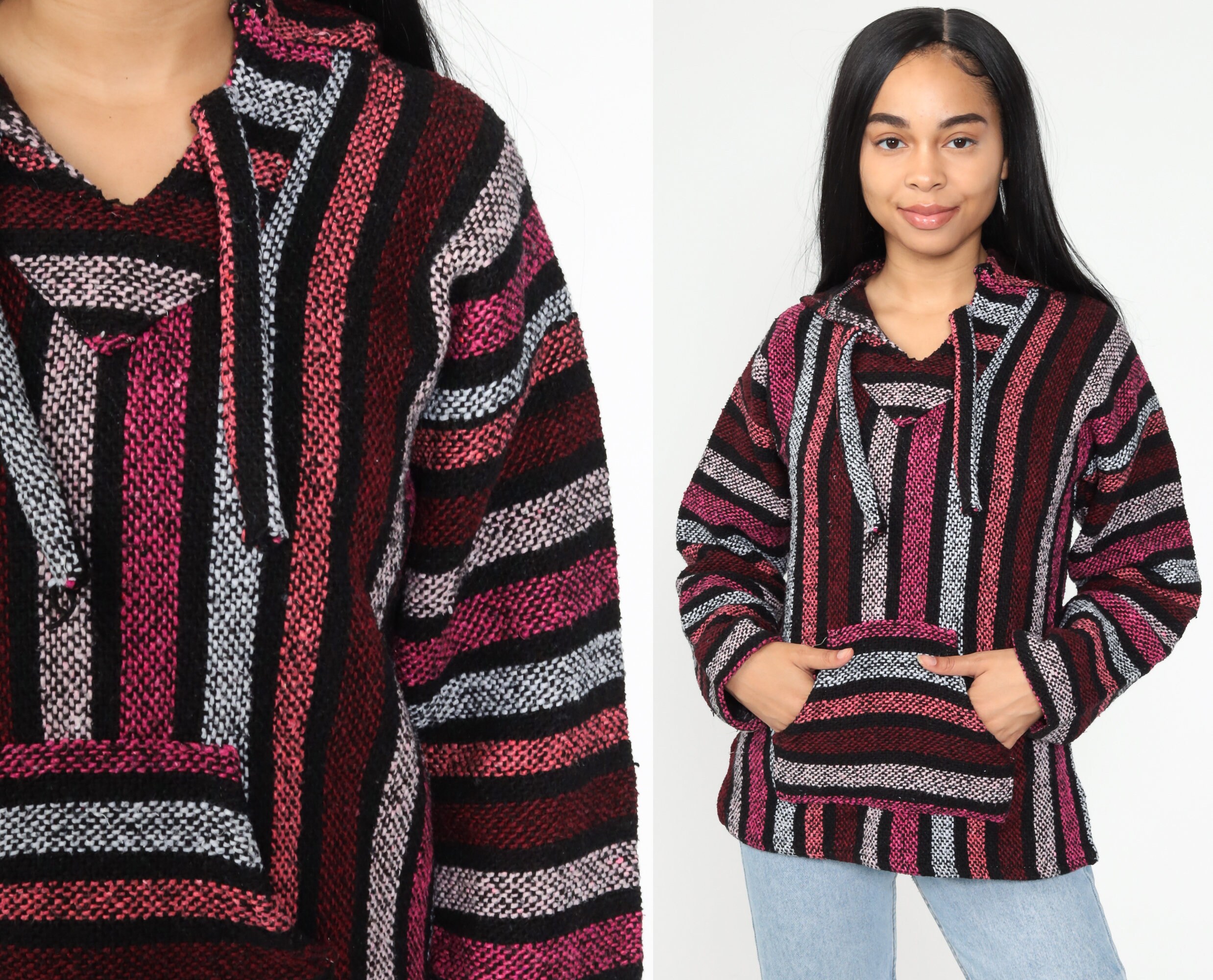 Pink Drug Rug Baja Red Striped Hoodie Mexican Sweatshirt Hippie Boho Hooded Ethnic Vintage Blanket Stripe Bohemian Kangaroo Small S