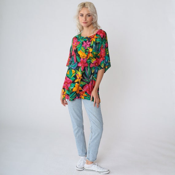 Tropical Floral Blouse 90s Boho Shirt Short Sleev… - image 3