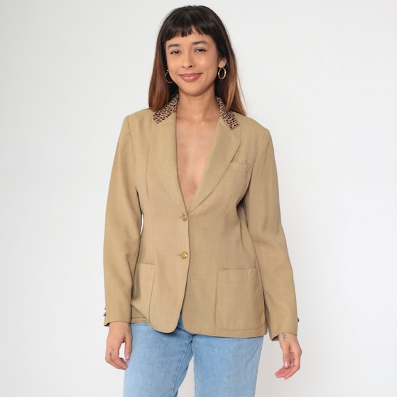 90s Tan Blazer Leopard Print Collar Deep V Neck Blazer Jacket Animal Print Button Up Jacket Tailored Fitted Minimal Vintage 1990s Small S