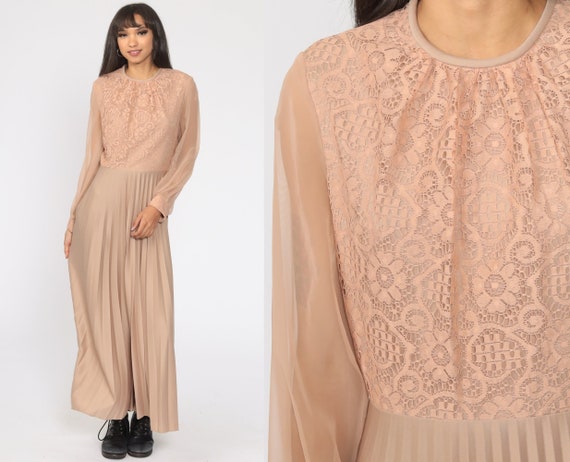 ShopExile Tan Lace Dress 70s Crochet Boho Party Maxi Pleated Sheer Long Sleeve 1970s Bohemian Mod Cocktail Hippie Vintage High Waisted Medium