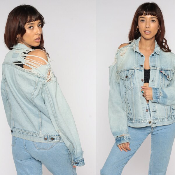 80s Levis Jean Jacket Distressed Denim Jacket Light Blue Faded RIPPED Levis Jacket 90s Blue Vintage Oversized Biker Grunge Small Medium