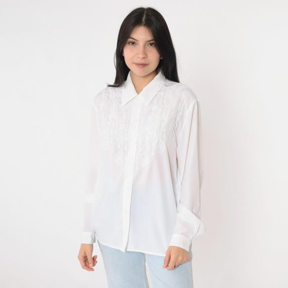 Vintage White Soutache Blouse 90s Floral Embroidered Top Button up Shirt Cut Out Long Sleeve Boho Flower Hippie Bohemian 1990s Medium 10