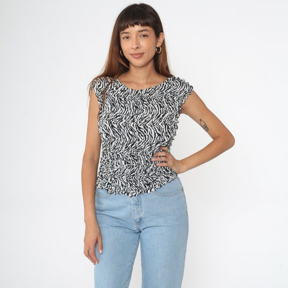 Zebra Popcorn Shirt Y2K Tank Top Animal Print Stretchy Texture Blouse Sleeveless Shirt Black White Summer Vintage 00s Small Medium Large