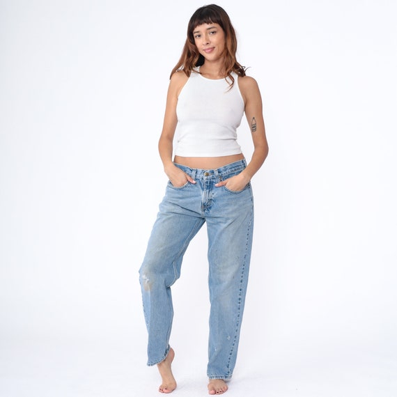 90s Carhartt Jeans -- Distressed Workwear Jeans Mid Rise Tapered Straight Leg Jeans Denim Blue Vintage Work Wear Medium 34
