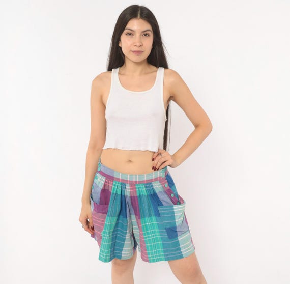 90s Madras Plaid Shorts Teal Pink Cotton High Waisted Button Side Wide Leg Preppy Bermuda Summer Beach Collegiate Vintage Women's Large L