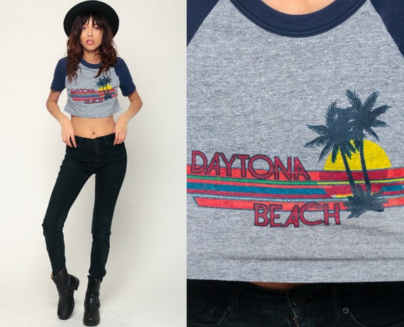 Ringer Tee Florida Shirt DAYTONA BEACH Shirt Crop Top 90s Tshirt Retro Raglan Sleeve 80s T Shirt Graphic Tee Grey Navy Blue small