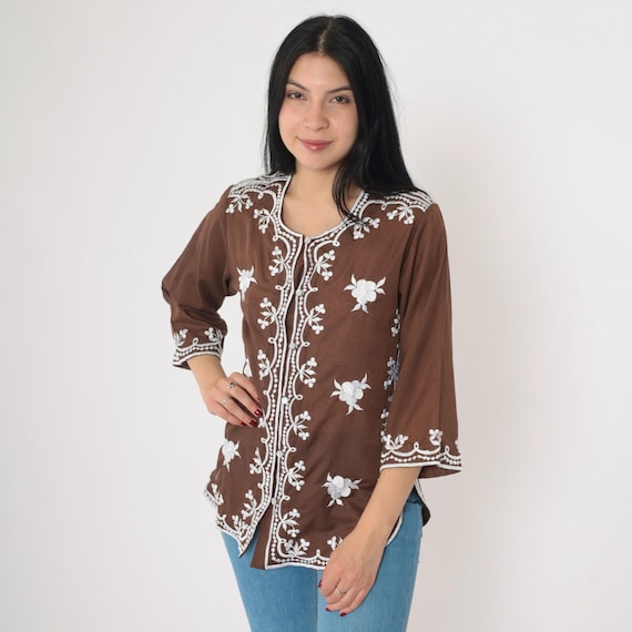 Vintage Boho Embroidered Top 90s Brown Floral Blouse Casual Hippie Shirt 1990s Boho Button Up Shirt 3/4 sleeve Small S