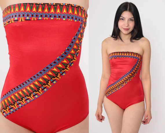 Vintage Strapless Swimsuit Red Geometric Bathing Suit 80s Southwestern Aztec One Piece Swim Suit 1980s Boho Hippie Small Etsy UK
