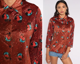 70-tals blommig skjorta Röd bohoskjorta Discoskjorta Knäppt blommigt bohoblus 1970-tals hippie vintage långärmad Medium Large