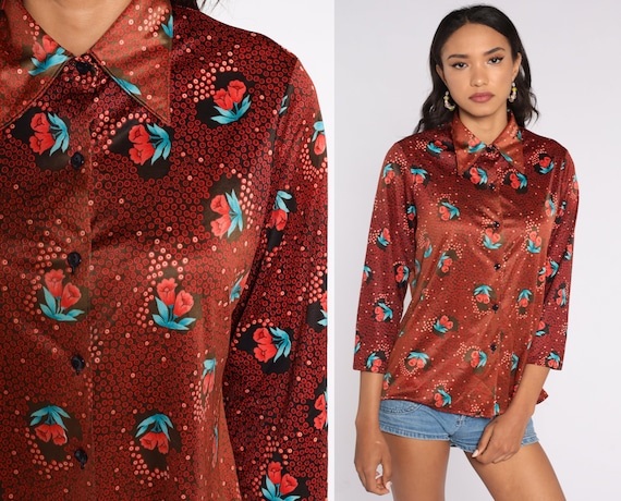 70s Floral Shirt Red Boho Shirt Disco Shirt Button Up Flower Print Bohemian Blouse 1970s Hippie Vintage Long Sleeve Medium Large
