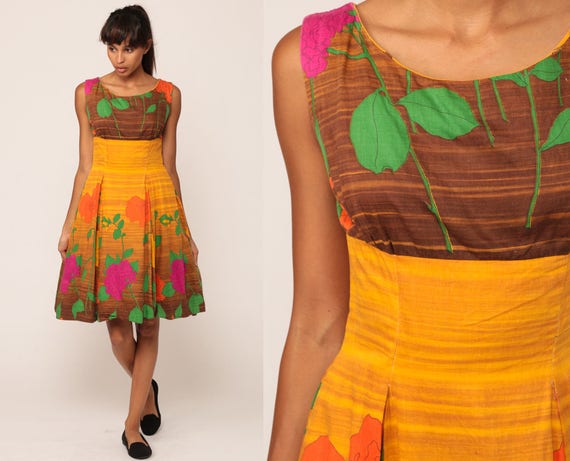 60s Floral Dress Mini Summer Garden Party Mad Men 1960s COTTON Day Vintage PLEATED Sleeveless Golden Yellow Brown Empire Waist Flare Small
