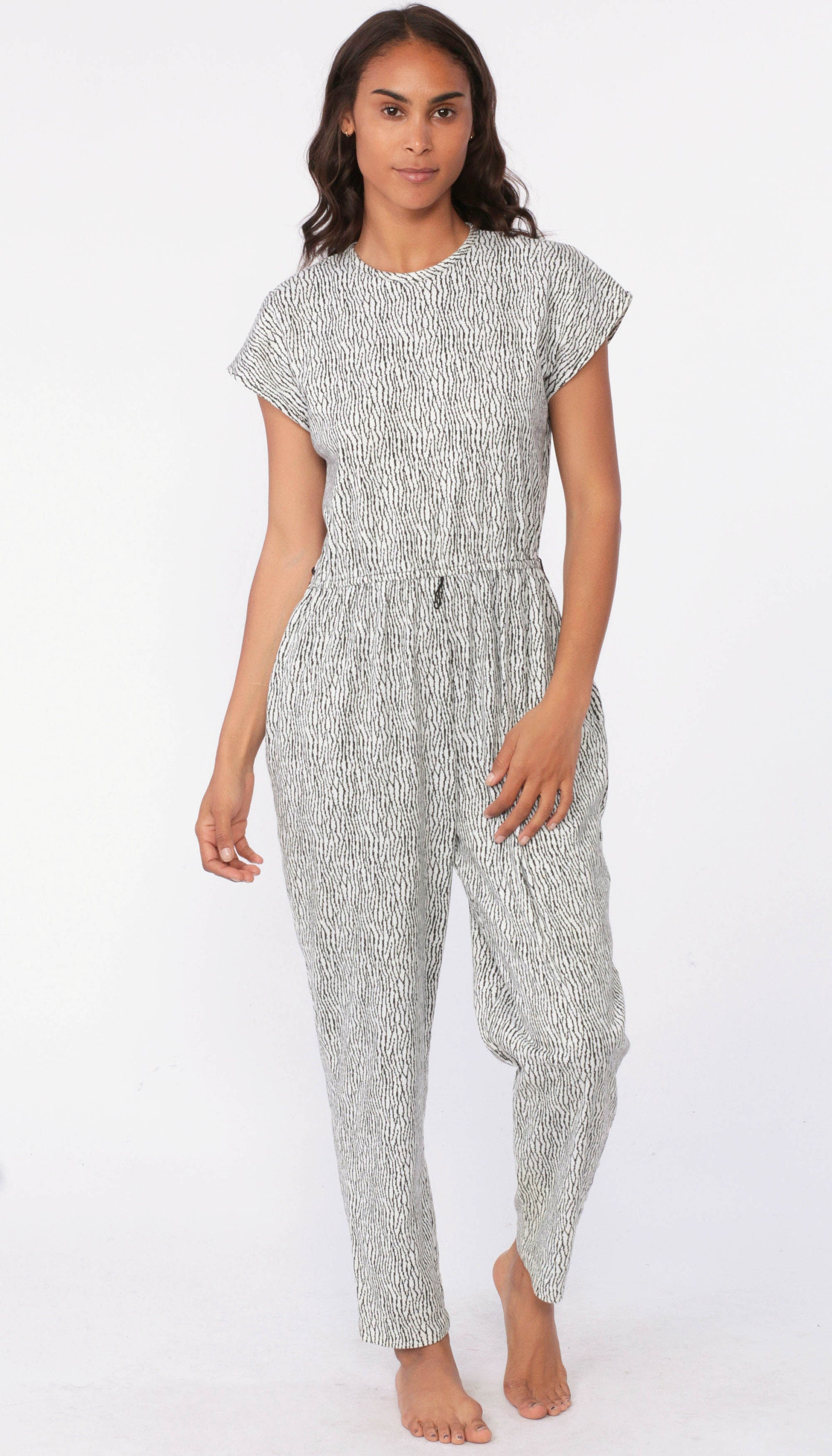 80s Jumpsuit Keyhole Summer Romper Playsuit BACK CUTOUT Onesie One Piece Jumpsuit Black White 