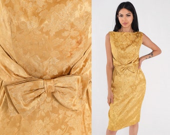 Gold Brocade Dress 60s Party Dress Metallic Mod Mini Floral Cocktail Low Back Bow High Waist Sleeveless Formal Sheath Vintage extra small xs