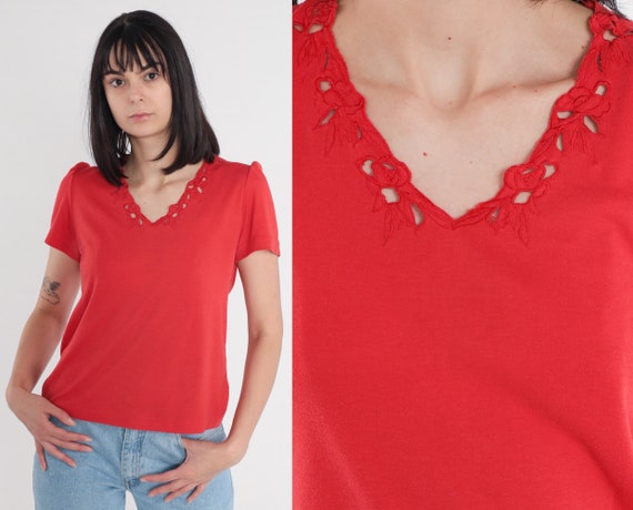 Red Cutout Blouse 90s Floral Cutwork Puff Sleeve Top Flower Cut Out T-Shirt V Neck Blouse Retro Bohemian Summer Simple Vintage 1990s Medium