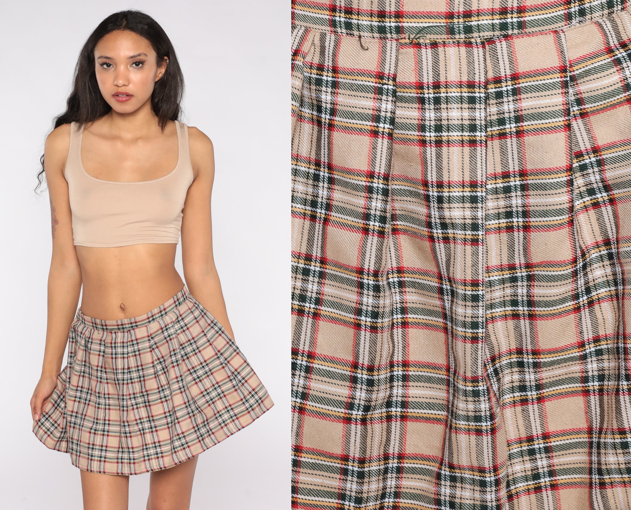 Plaid mini skirt beige deals