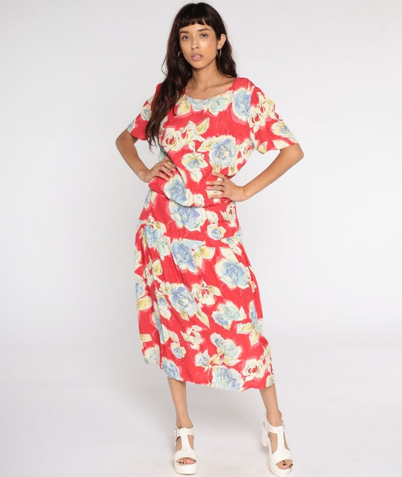 Red Floral Dress Midi Grunge Button Back Dress Boho 90s Bohemian Blouson Dress 1990s Short Sleeve Vintage Garden Party Medium