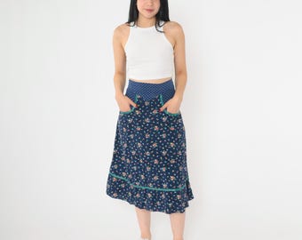 Vintage Rock Gunne Sax 70er Floral Prärie Blau Polka Dot Kattun Midi Boho Hippie Retro Jessica's Gunnies Boho Hoch taillierte 1970er Jahre Klein