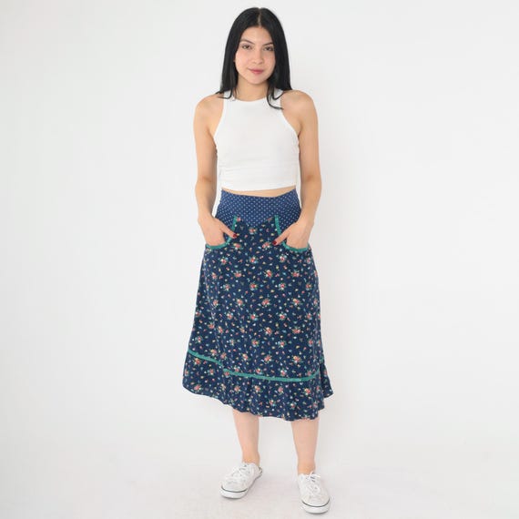 Vintage Gunne Sax Skirt 70s Floral Prairie Blue Polka Dot Calico Midi Bohemian Hippie Retro Jessica's Gunnies Boho High Waisted 1970s Small