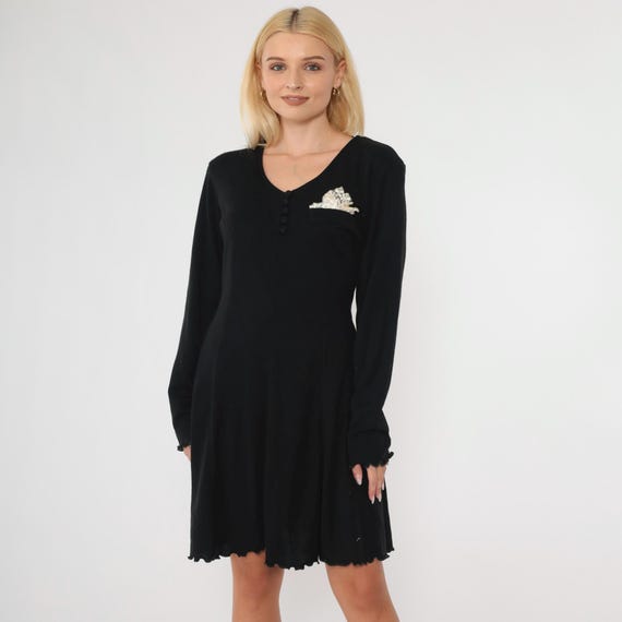 Vintage Black Shift Dress 90s Lettuce Edge Hem Mini Long Sleeve Plain Shift 1990s Simple Dress Lace Handkerchief LBD Medium