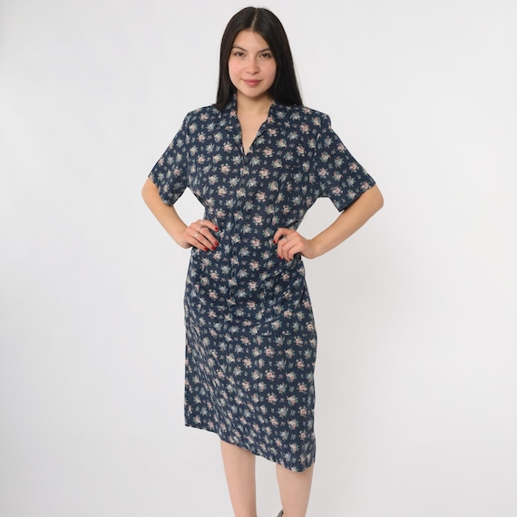 Navy Summer Day 80s Blue Dress Short Sleeve Collared Lightweight Floral Print Cottagecore Prairie Style Soft Grunge Dress Large L