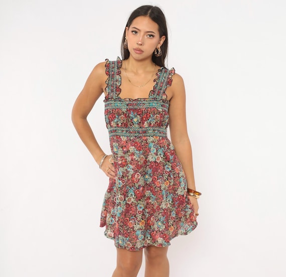 70s Floral Mini Dress Burgundy Blue Ruffle Strap Sleeveless Square Neck A Line Ditsy Flower Cottagecore Prairie Sundress Vintage Small S