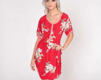 Red Floral Mini Dress 90s Day Dress Gingham Trim High Waisted Short Sleeve Pockets Summer Casual Flower Print Vintage 1990s Small S