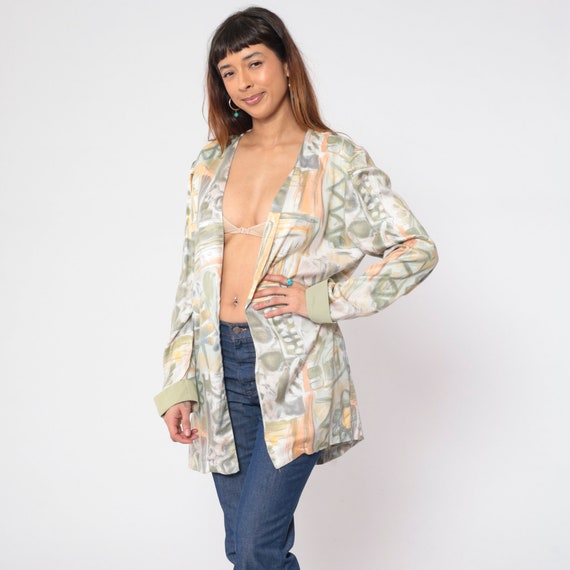 Abstract Floral Jacket 90s Open Front Cardigan Scribble Leaf Daisy Flower Print Boho Hippie Summer Bohemian Statement Vintage 1990s Medium M