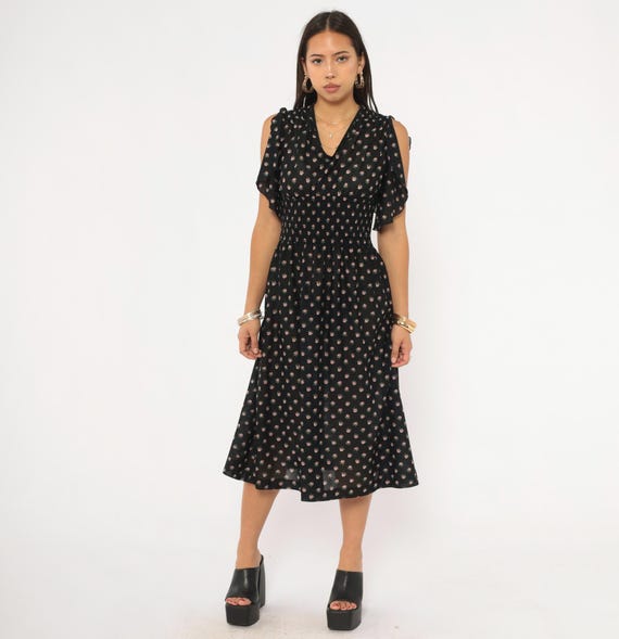70s Flutter Sleeve Dress Dark Floral Midi Black Rose Print Waist Chiffon Sheer Prairie Cottagecore Pink Flower Vintage Small To Medium S M