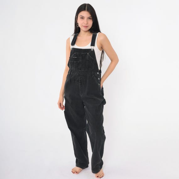 Vintage 90s Black Corduroy Overalls Women's Medium 1990s Tapered Straight Leg Pants Baggy Bib Cargo Dungarees Coveralls Size M