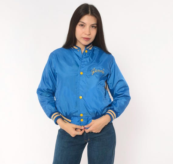80s Satin Bomber Jacket "Jenni" Embroidered Blue Gold Lined Varsity Striped Trim Windbreaker Collegiate Athletic West Wind Extra Small XS