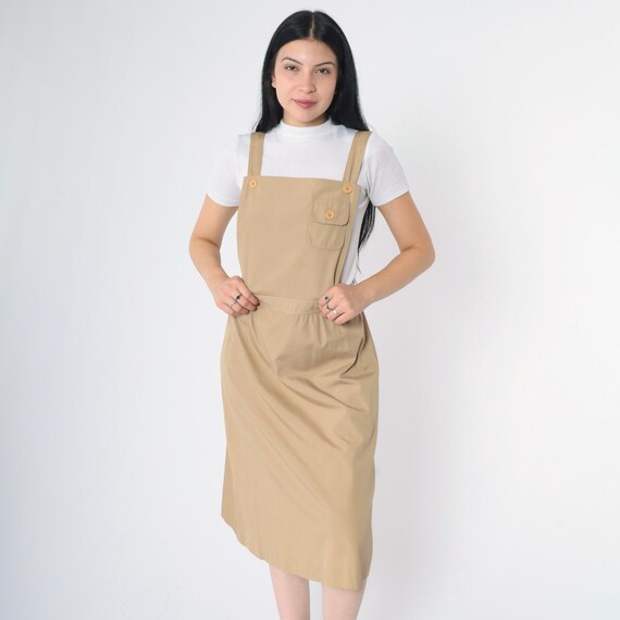 70s Jumper Dress Khaki Midi Pinafore Dress Utility Overall 1970s Vintage Retro High Waist Pocket Smock Square Neck Apron Small S