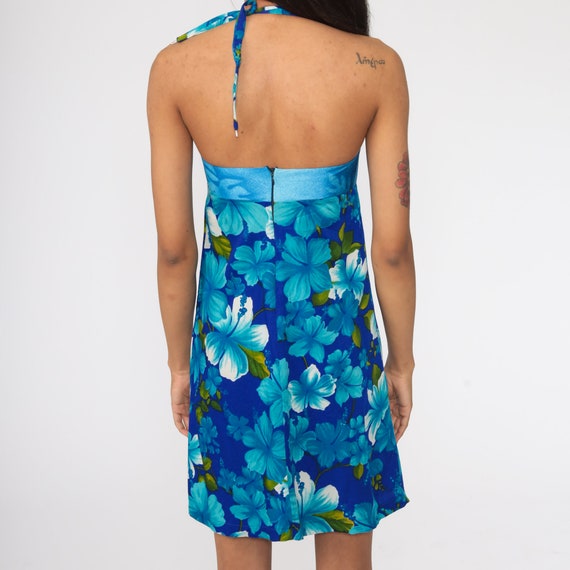 Halter Neck Dress Blue Floral Print 70s Mini Dres… - image 6
