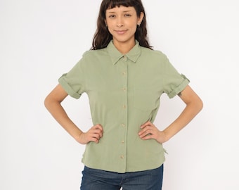 90s Olive Shirt Button Front Cotton Camp Collar Blouse Sage Green Safari Rolled Sleeve Top Hiking Trail Outdoor Summer Women Vintage Small S