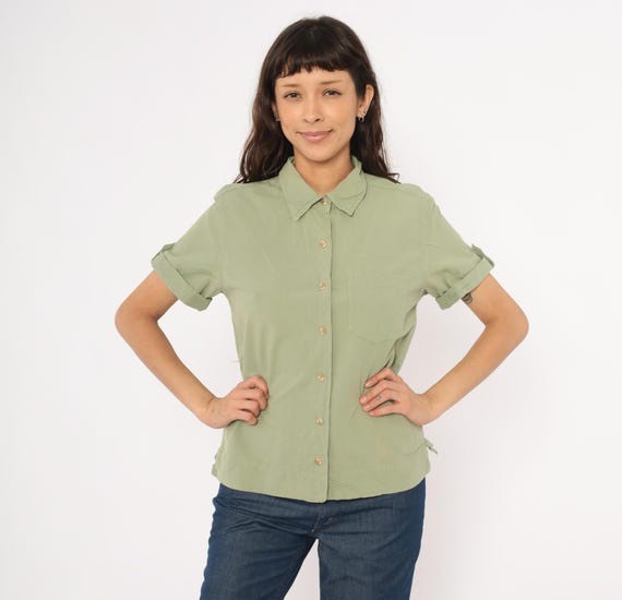 90s Olive Shirt Button Front Cotton Camp Collar Blouse Sage Green Safari Rolled Sleeve Top Hiking Trail Outdoor Summer Women Vintage Small S