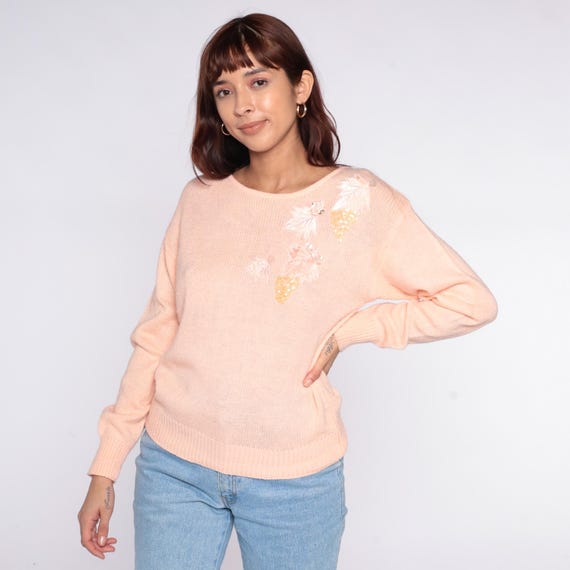 80s Peach Sequin Sweater Floral Embellished Pink Blush Crew Neck Pullover Coquette Fairycore Beaded Vintage Feminine Knit Top Small S