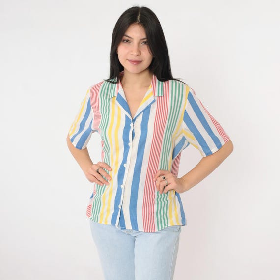 Vintage 80s Striped Primary Color Shirt Wrangler Button Up Blouse White Blue Green Yellow Red Preppy Retro Short Sleeve Top 1980s Large L