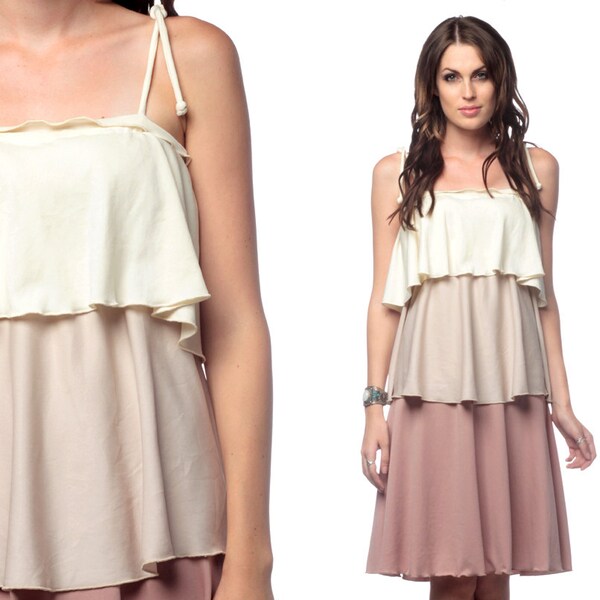 TIERED Dress 70s Boho GRECIAN Ivory Champagne Mauve Ruffle Party 1970s Spaghetti Strap Vintage Romantic Bohemian Midi Extra Small Medium XS