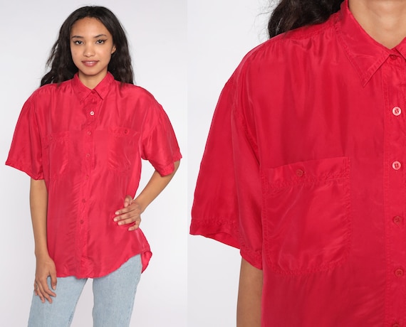 Red Silk Shirt Button Up Shirt 90s Short Sleeve Blouse 1990s Oversized 90s Vintage Retro Plain Top Cargo Pocket Medium