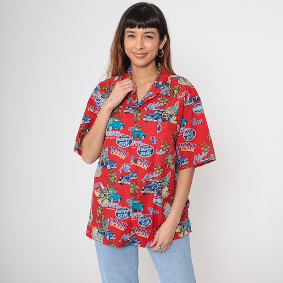Red Hawaiian Shirt 90s Surf Print Tropical Flora Woodie Car Aloha Hawaii Vintage Y2K Island Style  Casual Mens Large L 14