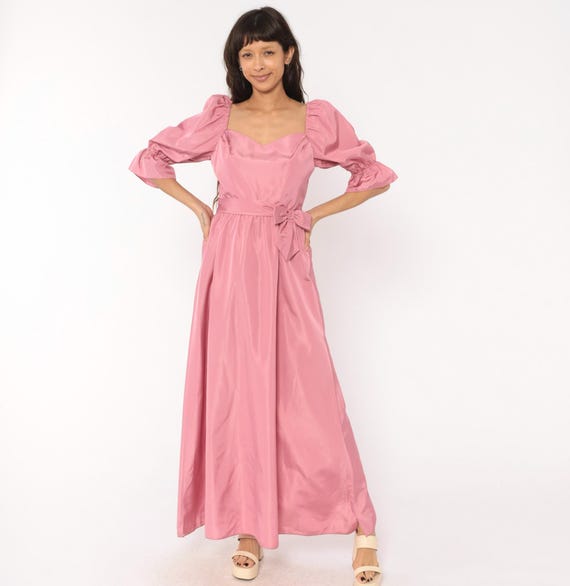 80s Rose Pink Gown Puff Sleeve Sweetheart Neckline Maxi Dress Balloon Dusty Blush Princess Bridesmaid Prairie Party Formal Evening Small S