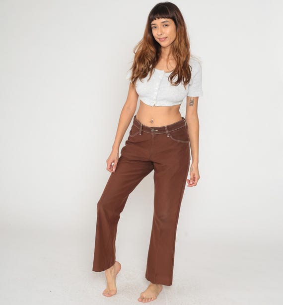 70s Brown Flare Pants Cropped Bootcut Low Rise White Contrast Stitching Western Vintage Bell Bottom Wide Leg Hippie Jean Penny Lane Medium M