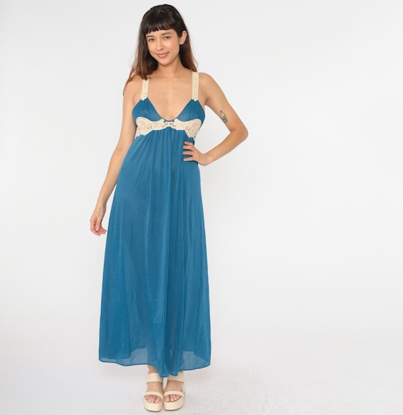 70s Nightgown Blue Lingerie Slip Dress Cream Lace Trim Maxi Nightie Empire Waist Romantic Lounge Scoop Neck Boudoir 1970s Vintage Medium
