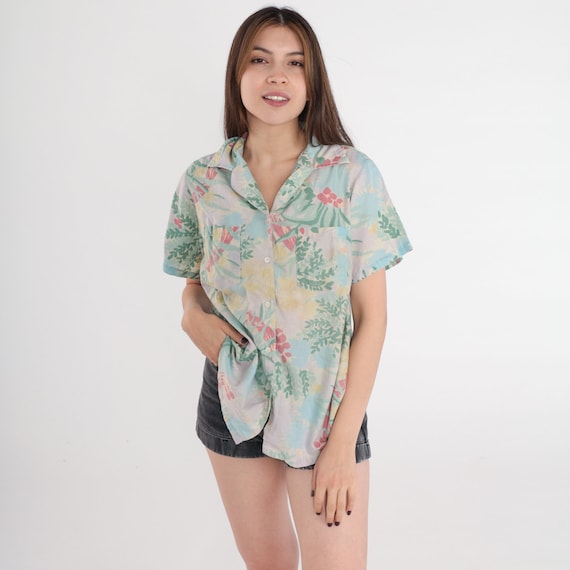 Floral Bird Blouse 80s Tropical Button Up Top Short Sleeve Shirt Green Blue Grey Vintage 1980s Chest Pocket Medium