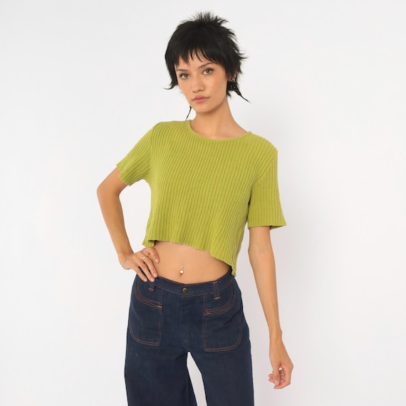 90s Ribbed Knit Crop Top Lime Green Cotton Short Sleeve Crew Neck Boxy Cropped Sweater Chartreuse Shirt Blouse Tee Y2K Vintage Medium M