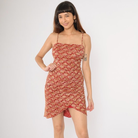 Vintage Red Lace Mini Dress 90s Red Gold Strapless Y2K Bodycon Tulip Hem 1990s Party Evening Cocktail Dress Clubwear Medium M